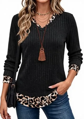 wiholl boho tops for women long sleeve fall tunic sweaters leopard black xl