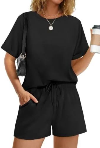 wiholl two piece sets for women 2 piece lounge short sets for women matching set womens fashion clothing spring summer outfits travel beach vacation outfits clothes pjs pajamas 2026 black l