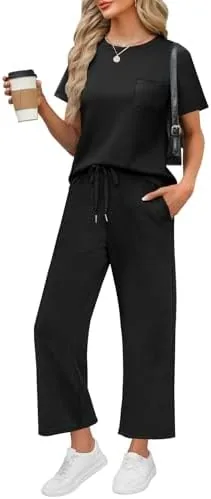 wiholl two piece sets for women summer vacation 2026 matching sets women clothing resort wear holiday airport cruise travel outfits for airplane comfy petite lounge sets black m